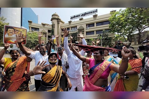 DMK party workers celebrate after the party's lead in the local body elections (Photo: Justin)