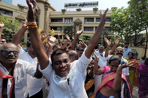 DMK party workers celebrate after the party's lead in the local body elections (Photo: Justin)