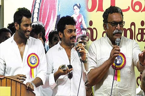 File photo of Nadigar Sangam office bearers Vishal, Karthi and Nasser