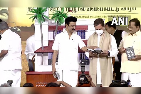 Rahul Gandhi releases Stalin's autobiography in Chennai.