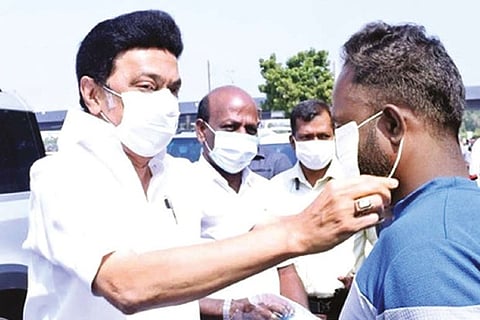Stalin Distributing masks in Chennai on Tuesday