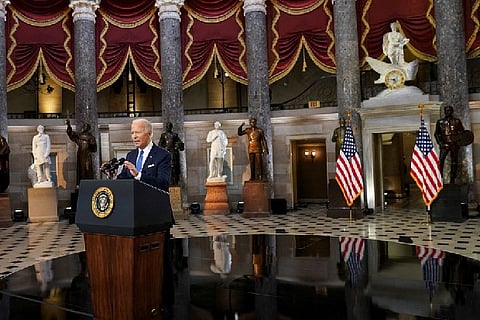Biden addressing the public on the first anniversary of Capitol attack. Image Courtesy: Reuters