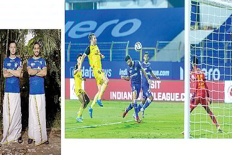 CFC players Ariel Borysiuk and Deepak Devrani in traditional attire as the team celebrates Pongal