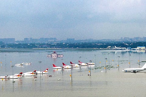An aerial view of the submerged Chennai airport during the heavy rains
