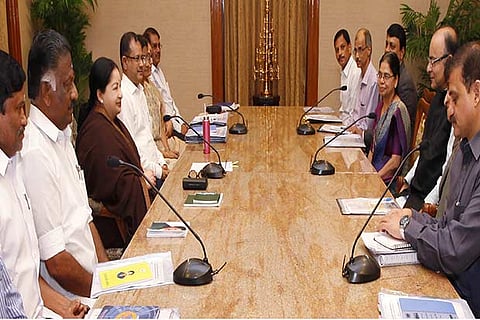 Finance Minister Arun Jaitley in an official meeting with CM Jayalalithaa at the Secretariat