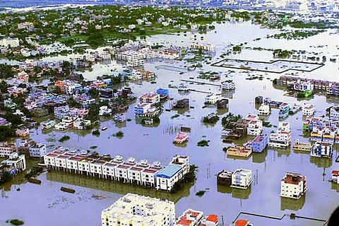 An aerial view of Aerial view of flooded Chennai