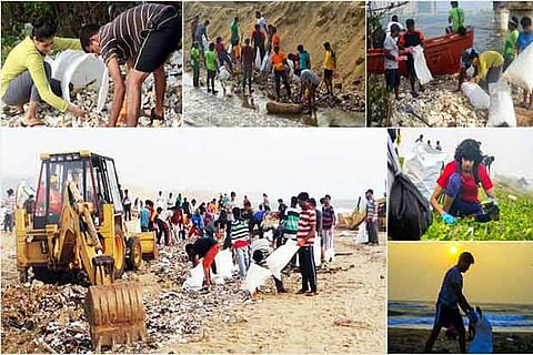 Volunteer groups in beach cleaning process
