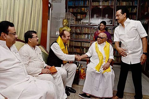 AICC general secretary Ghulam Nabi Azad greeting DMK chief M Karunanidhi in Chennai on Saturday