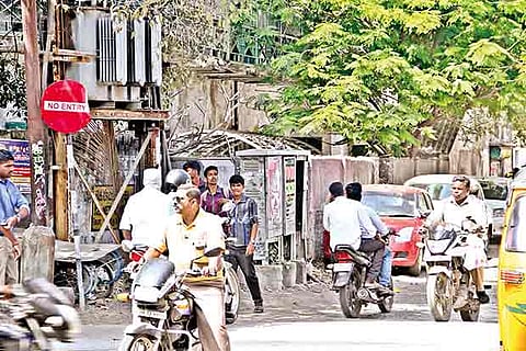 Motorists ignore ?No Entry? signboards and enter one-way stretches from the opposite side