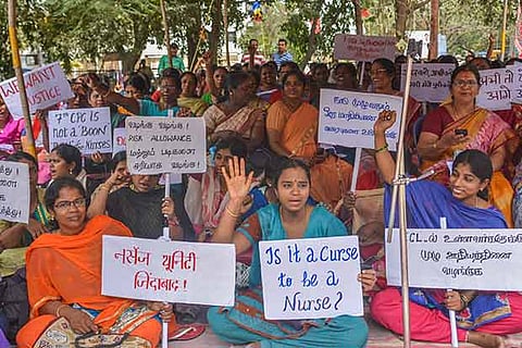Members of the ESIC Nurses Union of Tamil Nadu stage a protest on Friday seeking better incentives