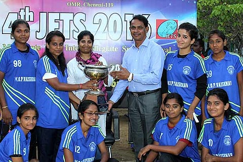 MOP Vaishnav College girls after winning three trophies at the St. Joseph?s College of Engineering