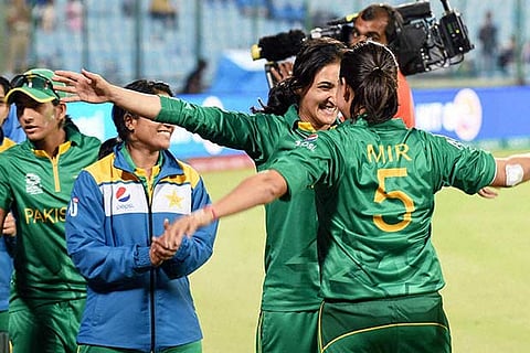 Pakistani women cricket team celebrates their win against India