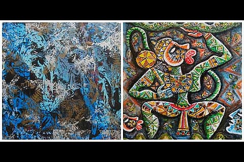 Works of Jacob Jebaraj and M Senathipathi (right) as part of the art show Micro Trends