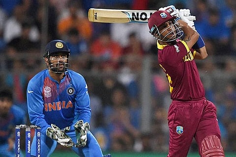 West Indies batsman Lendl Simmons plays a shot during ICC WT20 Semi Final match against India