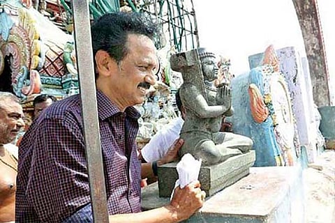 M K Stalin at Tirukoshtiyur temple in Sivaganga