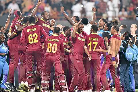 West Indies team celebrating after their win in the World T20 final at the Eden Gardens in Kolkatta