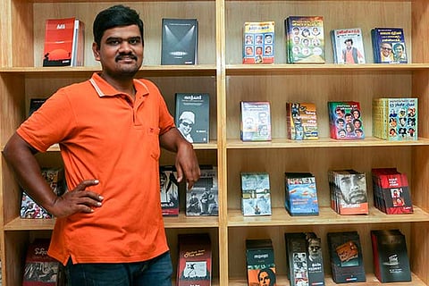 Arun M with his collection of books at the store in Vadapalani (Photo: Justin George)