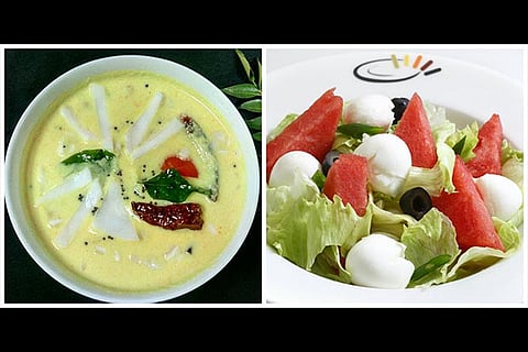 Elaneer moru kuzhambu (Left) and Watermelon and cheese salad (Right)