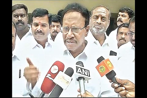 AIADMK leader M Thambidurai addressing the media