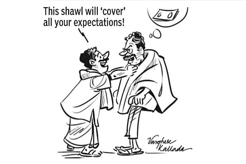 Voters ?honoured? with cash-laden shawls (Illustration by Varghese Kallada)