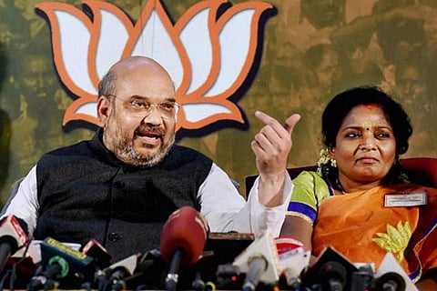 A file photo of State BJP leader Tamilisai Soundararajan with party?s national president Amit Shah