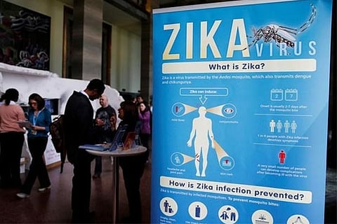 Advisory on prevention of Zika infection by mosquitoes displayed at the 69th World Health Assembly