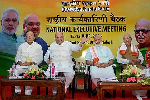 Finance Minister Arun Jaitley, BJP President Amit Shah, PM Narendra Modi and BJP leader LK Advani