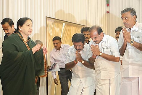 Chief Minister of Tamil Nadu J Jayalalithaa is greeted by AIADMK executives
