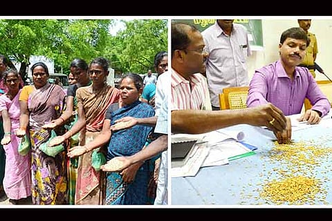 Farmers of Uchapatti with paddy in their hands (Right) Collector K Veera Raghav Rao