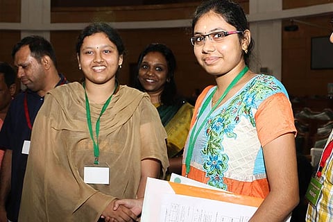 Varshini (R) greets Janani (L) after the counselling process on Monday