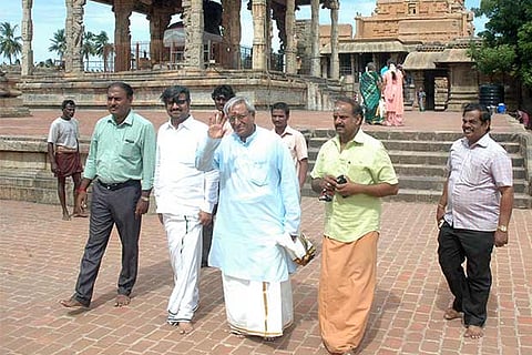 Sathyanarayana Rao with his family members at the Big Temple on Monday