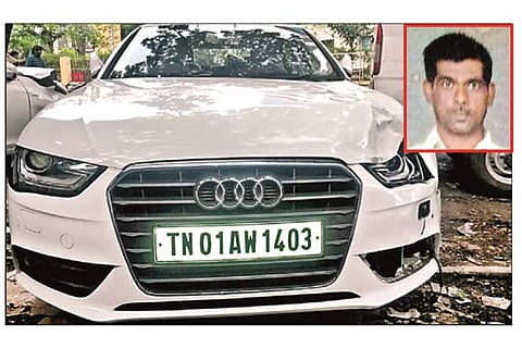 The luxury car that killed Munusamy (inset) on OMR