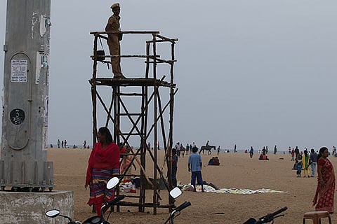 A constable at work on the Marina beach (Photo: Prakaash)