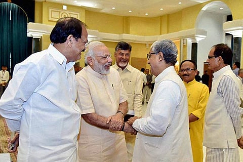 PM Modi with HM Rajnath Singh, Andhra Pradesh CM Chandrababu Naidu and UM Venkaiah Naidu in Delhi