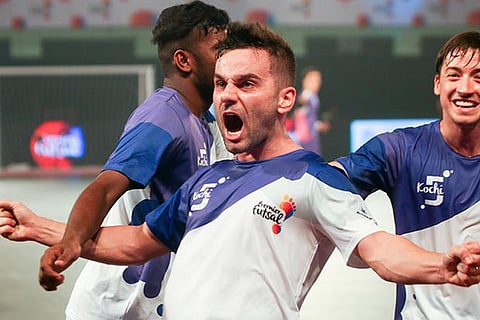 Kochi's Deives Moraes celebrates after scoring a goal (Photo: Justin George)