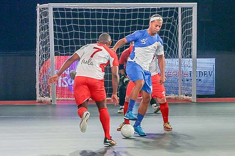Brazilian legend Ronaldinho, marquee player for Goa 5s, in action at the Premier Futsal tournament