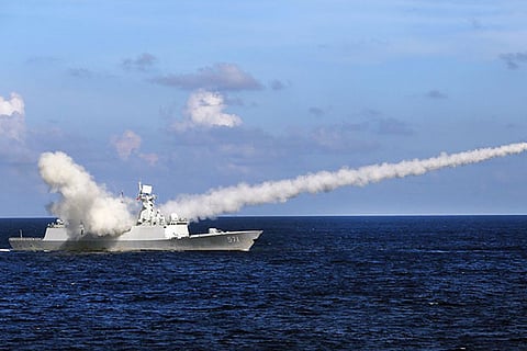 A file photo of a Chinese missile frigate Yuncheng launching an anti-ship missile