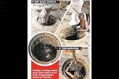 Cleaning of sewage soaked storm water drain in Arcot Road, Virugambakkam, noticed on Thursday