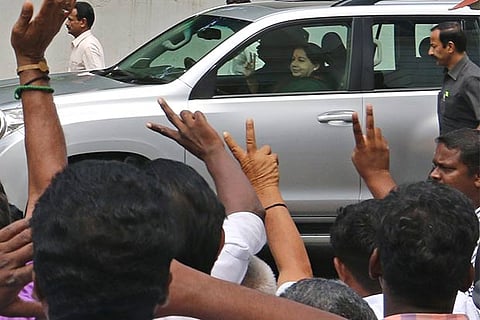 Chief Minister J Jayalalithaa being greeted by the party members outside the Assembly on Wednesday
