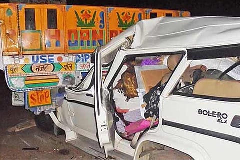 The mangled SUV after it hit a stationary lorry from behind at Pandiyarajapuram on Friday