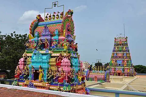 The gopuram of the Bhavani Amman temple in Periyapalayam which is getting additional facilities
