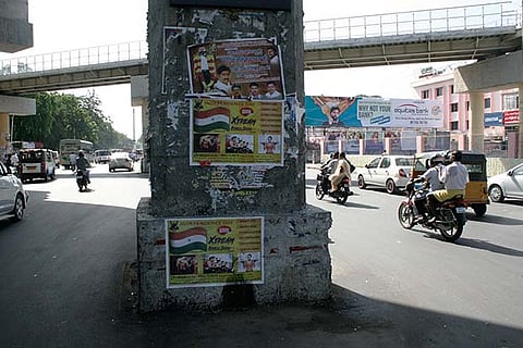The damaged Metro Rail Pillar in Ashok Nagar which was hit by a MTC bus