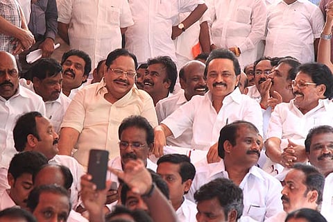 A file photo of DMK MLAs sitting on a dharna after being suspended by the Speaker