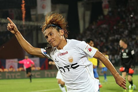 NorthEast United FC?s Katsumi Yusa celebrates after scoring the goal against Kerala Blasters