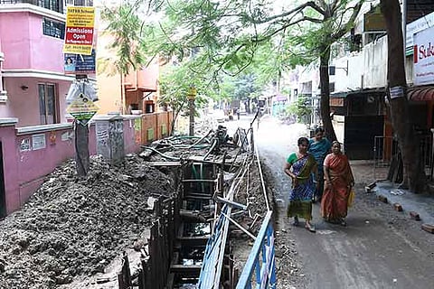 The road has been narrowed down to a few feet making life difficult for pedestrians and motorists