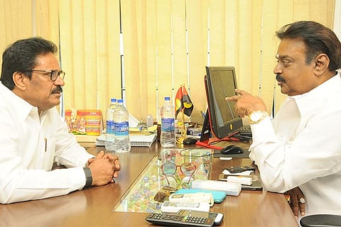 TNCC chief Su Thirunavukkarasar meets DMDK founder Vijayakant at his party office