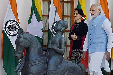 Narendra Modi with Myanmar State Counsellor and Foreign Minister Aung San Suu Kyi