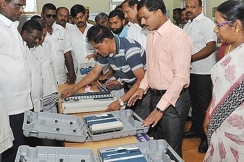 Bharat Electronics Limited experts check the EVMs for Tiruparankundram polls