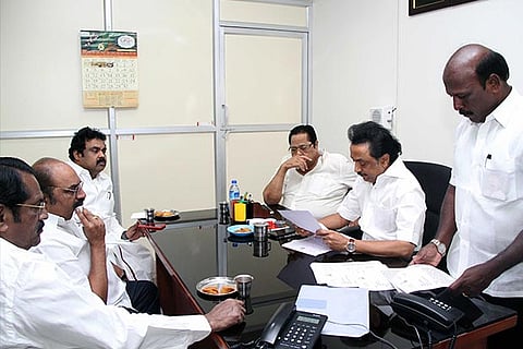 DMK leaders at a discussion with MK Stalin before submitting a petition to the Assembly Secretary