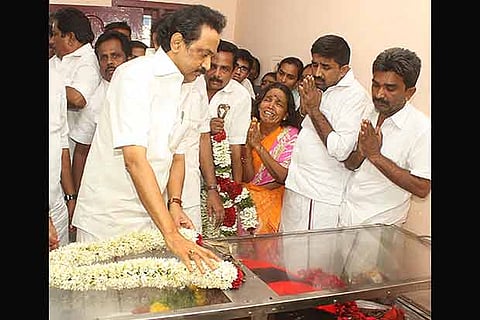 MK Stalin, paying respect to DMK star campaigner, Theepori Arumugam